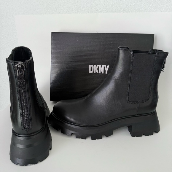DKNY Sasha Lug Chelsea Boot Combat Leather Bootie Platform - Picture 1 of 13